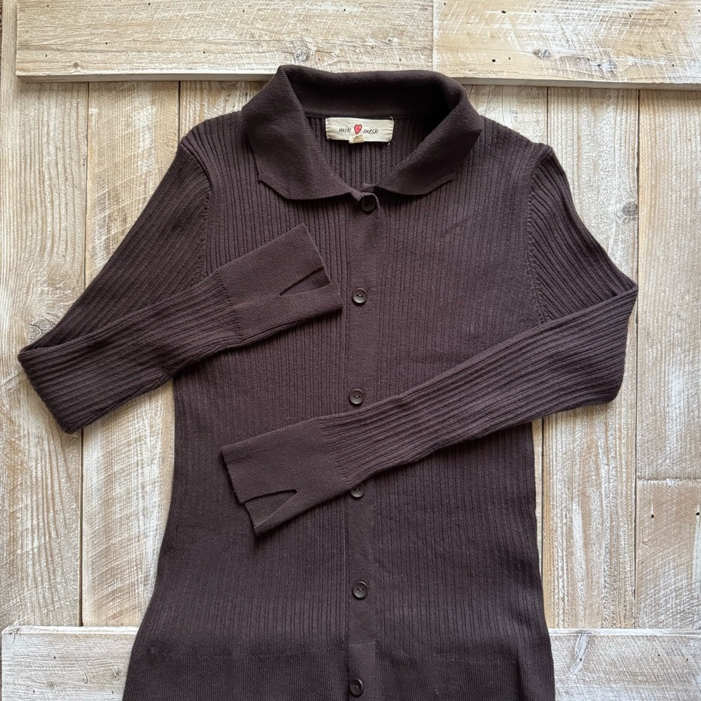 Collared Thick Ribbed Fitted Long Sleeve Sweater Button Tee